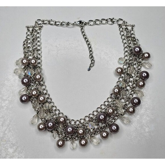 Statement Faux Pearl and AB Coated Cluster Beaded Choker Necklace 18" - Picture 4 of 4